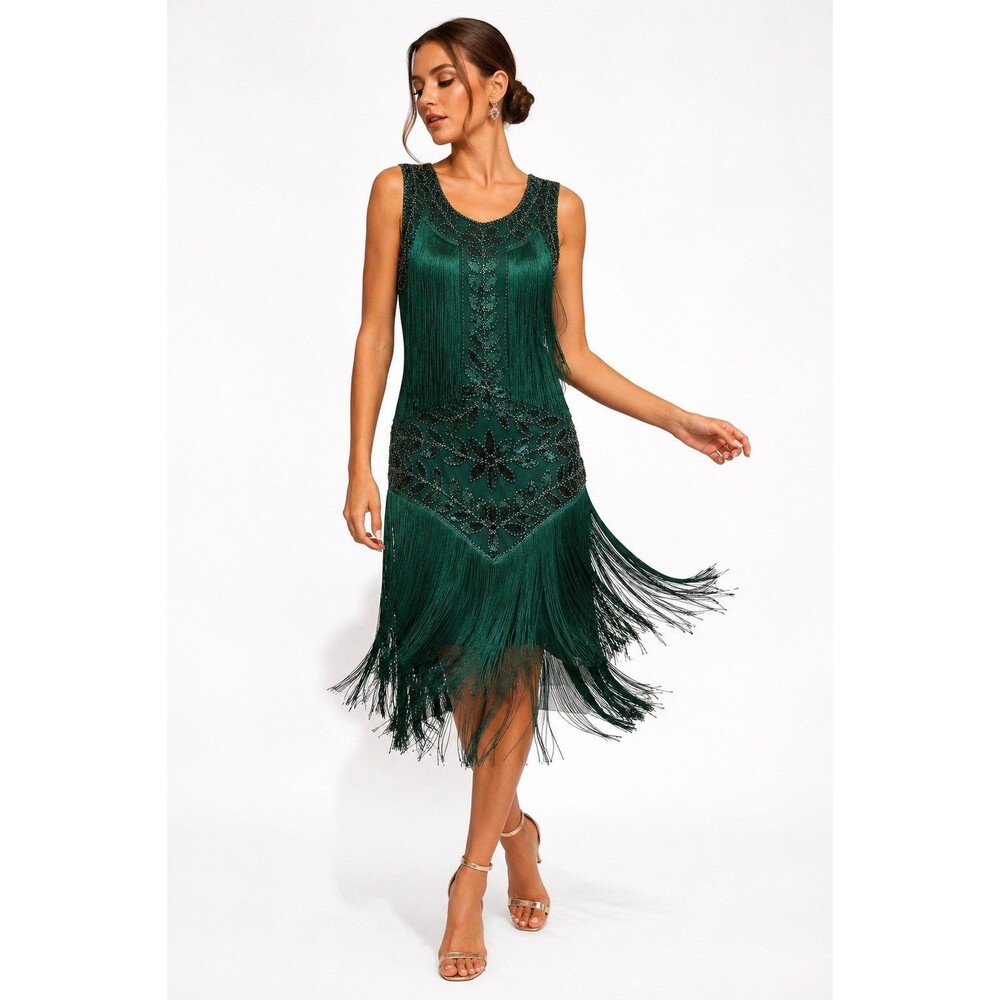 Vintage Inspired Emerald Green Beaded Fringe Flapper Dress Art Deco Size L